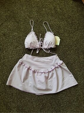 Power 2 The Flower Lilac Purple Gingham Bikini Top + Skirt Set XS/XXS NWT